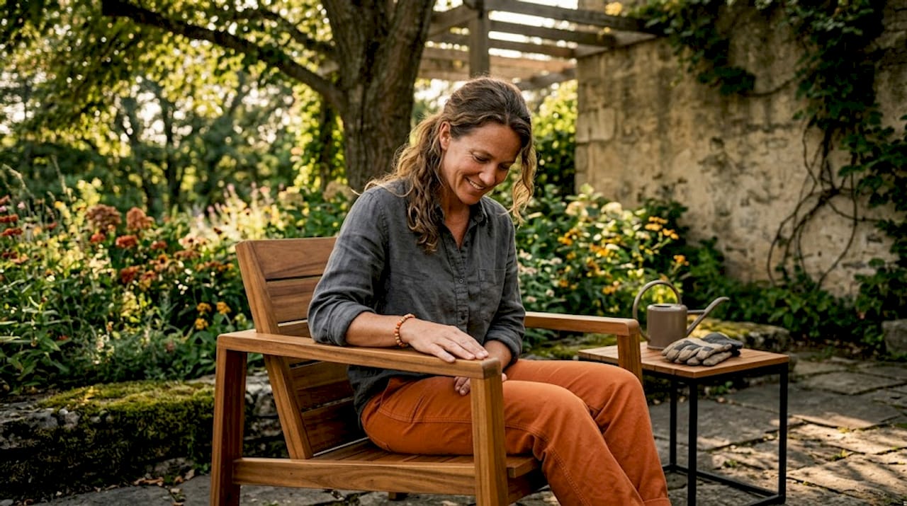 Eine Frau begutachtet ihren Gartensessel auf der Terrasse.