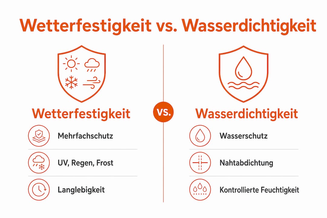 Infografik: Unterschiede zwischen wetterfest und wasserdicht im Überblick
