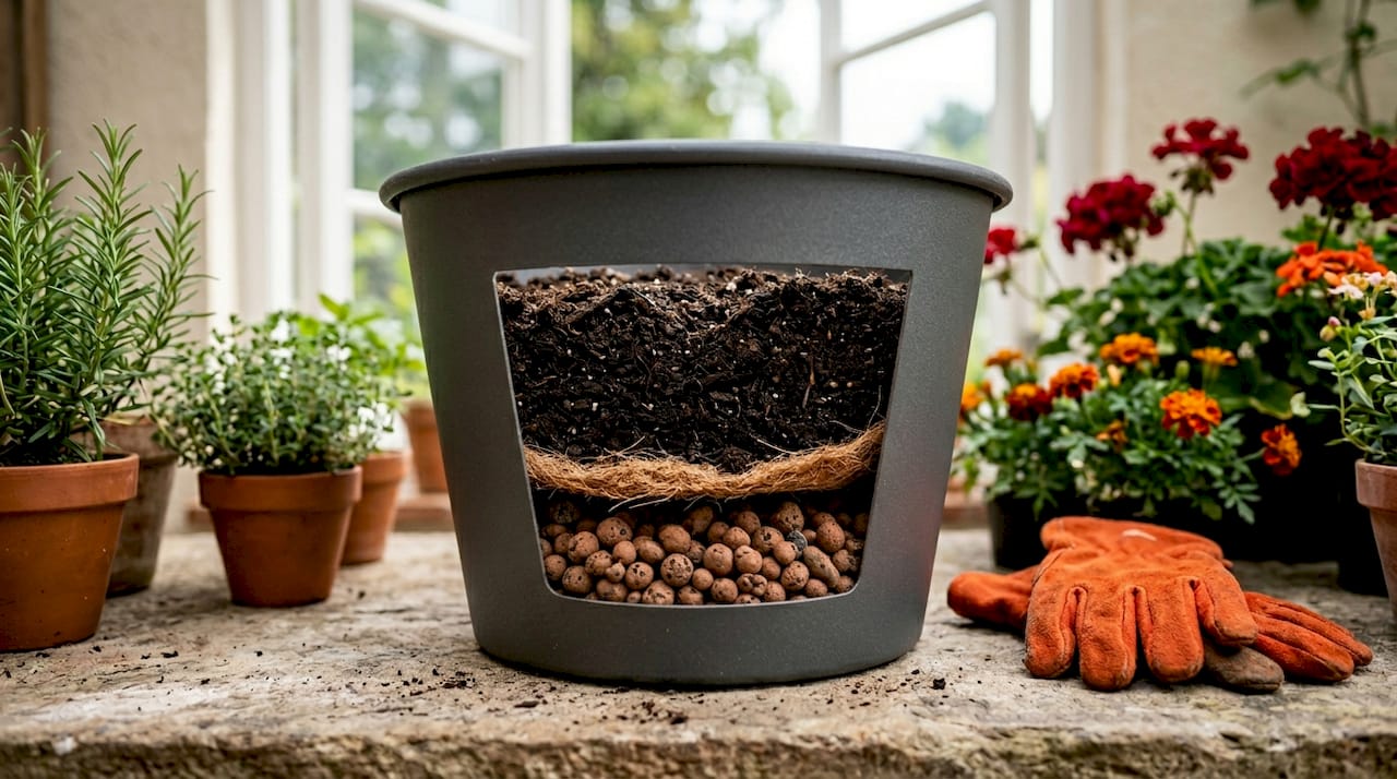 So sieht der typische Aufbau einer Drainageschicht im Blumentopf im Querschnitt aus.