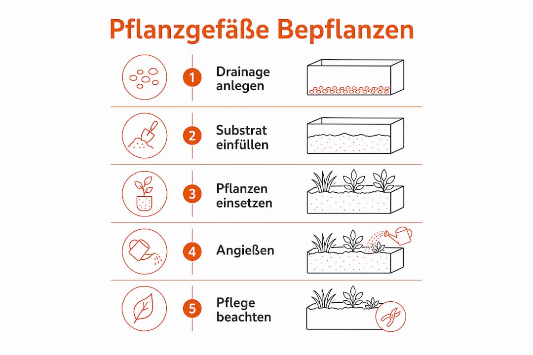 Schritt-für-Schritt-Anleitung: So bepflanzen Sie Ihren Kübel – anschaulich erklärt in einer übersichtlichen Infografik