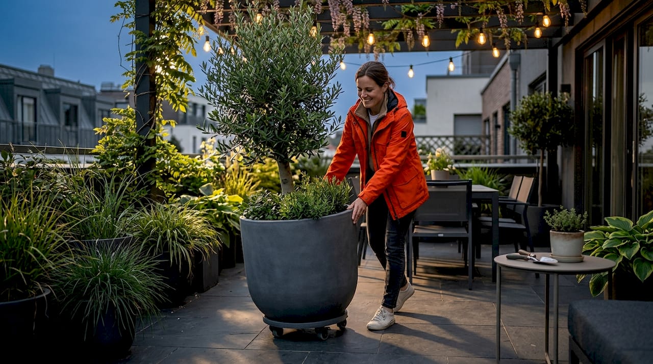 Eine Frau schiebt einen Pflanzkübel mit Rollen über die Terrasse.