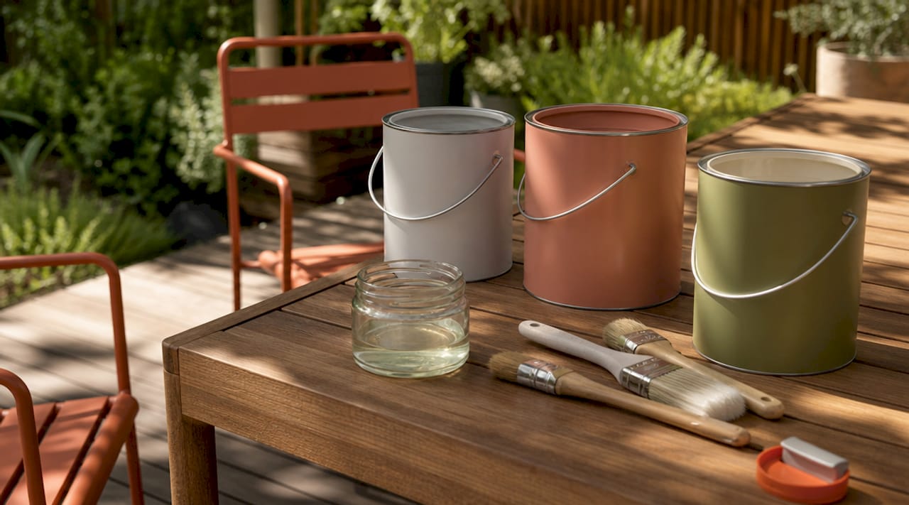 Detailaufnahme von Farbdosen und Holz für Gartenmöbel