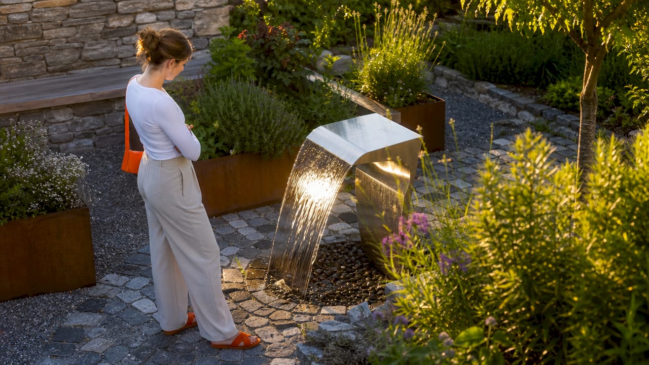 Detailaufnahme eines Wasserobjekts aus rostfreiem Edelstahl