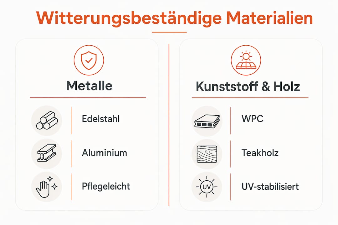 Infografik: Wetterbeständige Materialien im Direktvergleich – Zwei Materialgruppen im Überblick