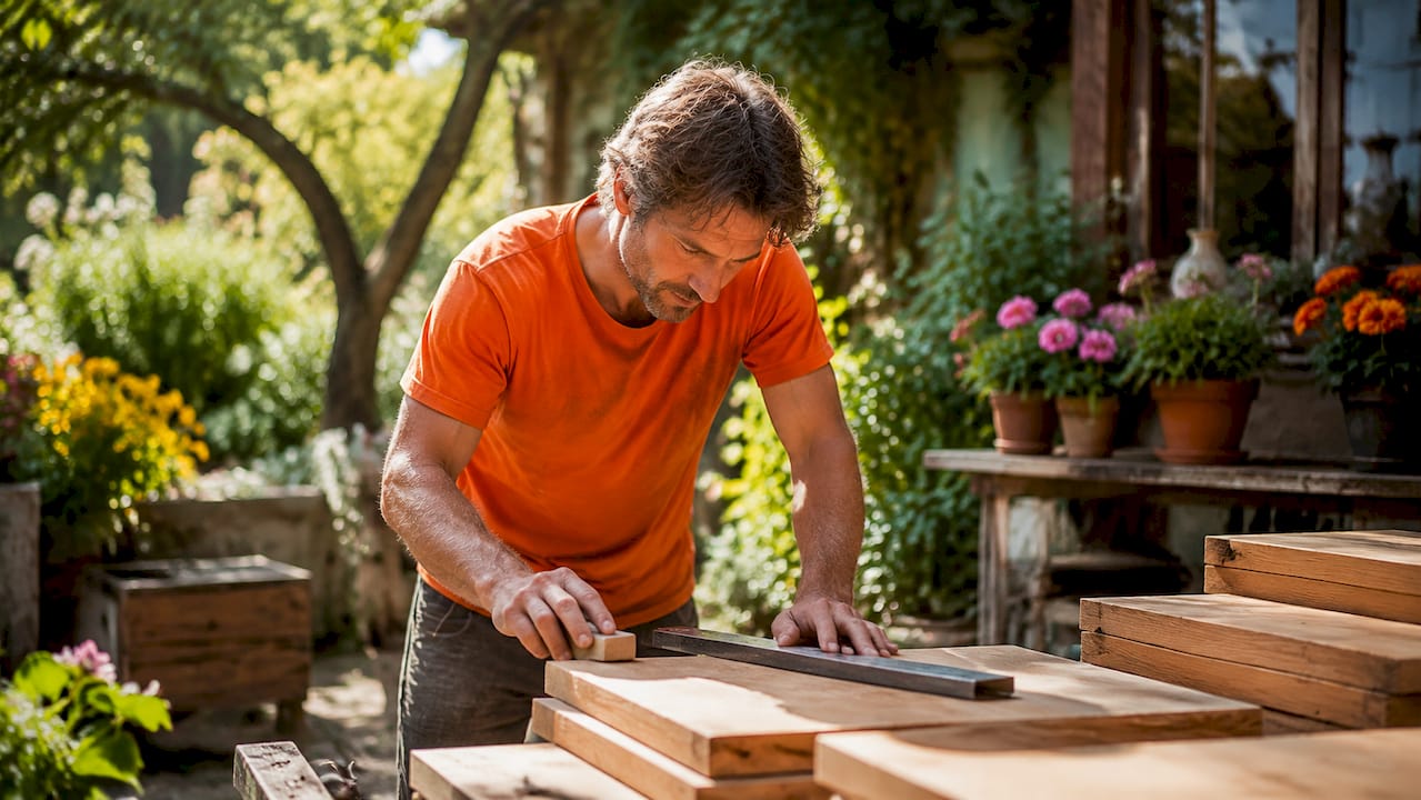 Mit geschickten Händen wird das Holz vorbereitet: zugeschnitten und sorgfältig geschliffen, damit daraus ein hochwertiges Pflanzgefäß entsteht.
