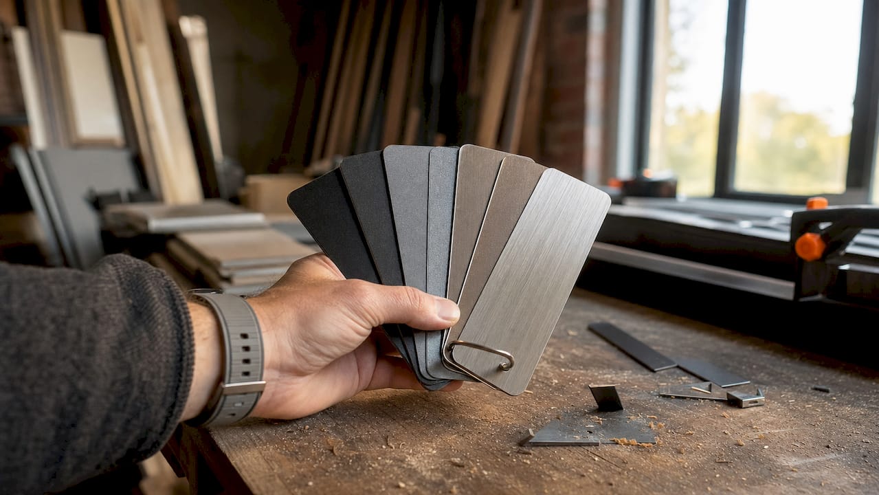 In der Werkstatt werden verschiedene Materialien für Gartenmöbel begutachtet – eine Hand prüft die Muster ganz genau.