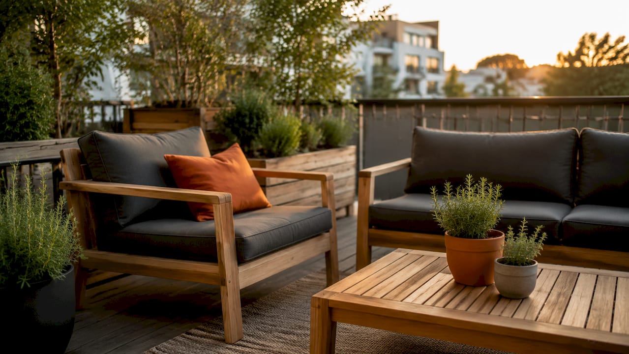 Detailansicht von hellem Holz bei Gartenmöbeln