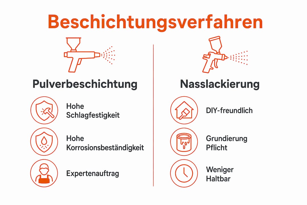 Infografik: Pulverbeschichtung vs. Nasslackierung im direkten Vergleich