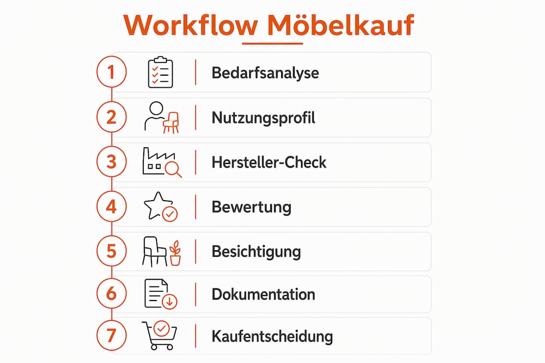 Schritt-für-Schritt-Anleitung: So gelingt der nachhaltige Möbelkauf – sieben Etappen im Überblick (Infografik)