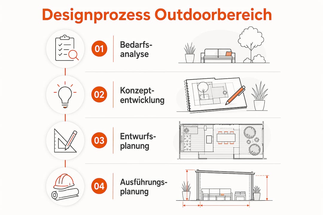 Anschauliche Grafik zu den einzelnen Schritten im Gestaltungsprozess für Außenbereiche
