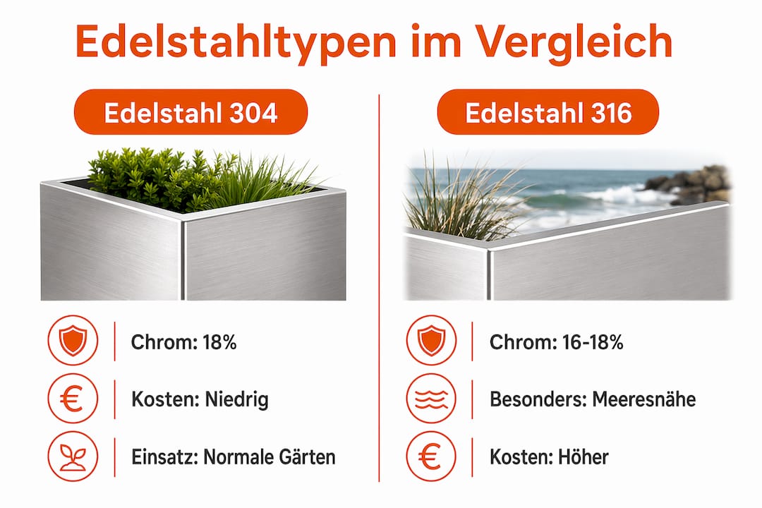 Vergleichsgrafik: Edelstahl 304 vs. 316 – die wichtigsten Unterschiede auf einen Blick