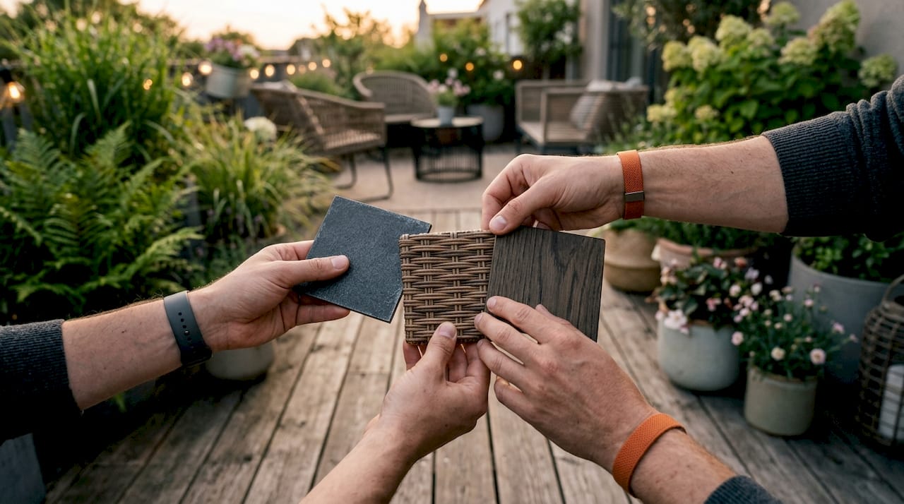 Mit den Händen werden verschiedene Outdoor-Stoffe auf ihre Eigenschaften geprüft.