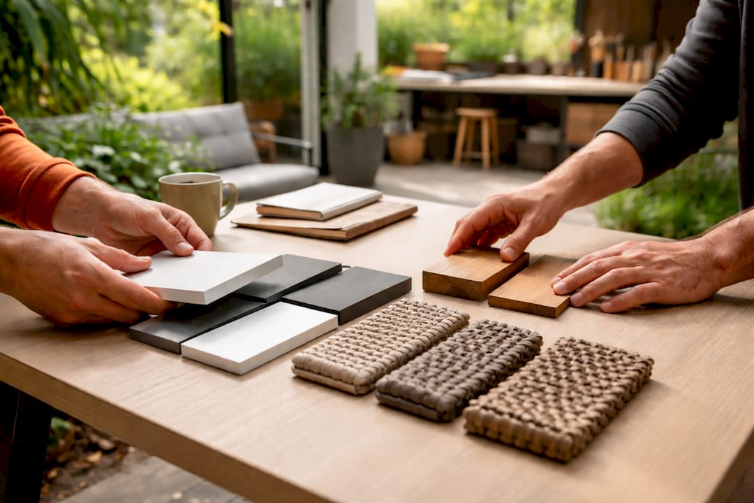Mit den Händen verschiedene Materialien für Gartenmöbel direkt miteinander vergleichen
