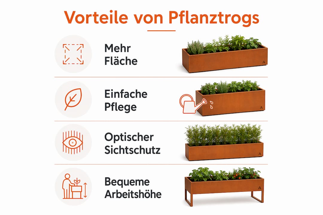 Eine Infografik veranschaulicht die wichtigsten Vorteile von Pflanzkübeln übersichtlich in einzelnen, nummerierten Schritten.