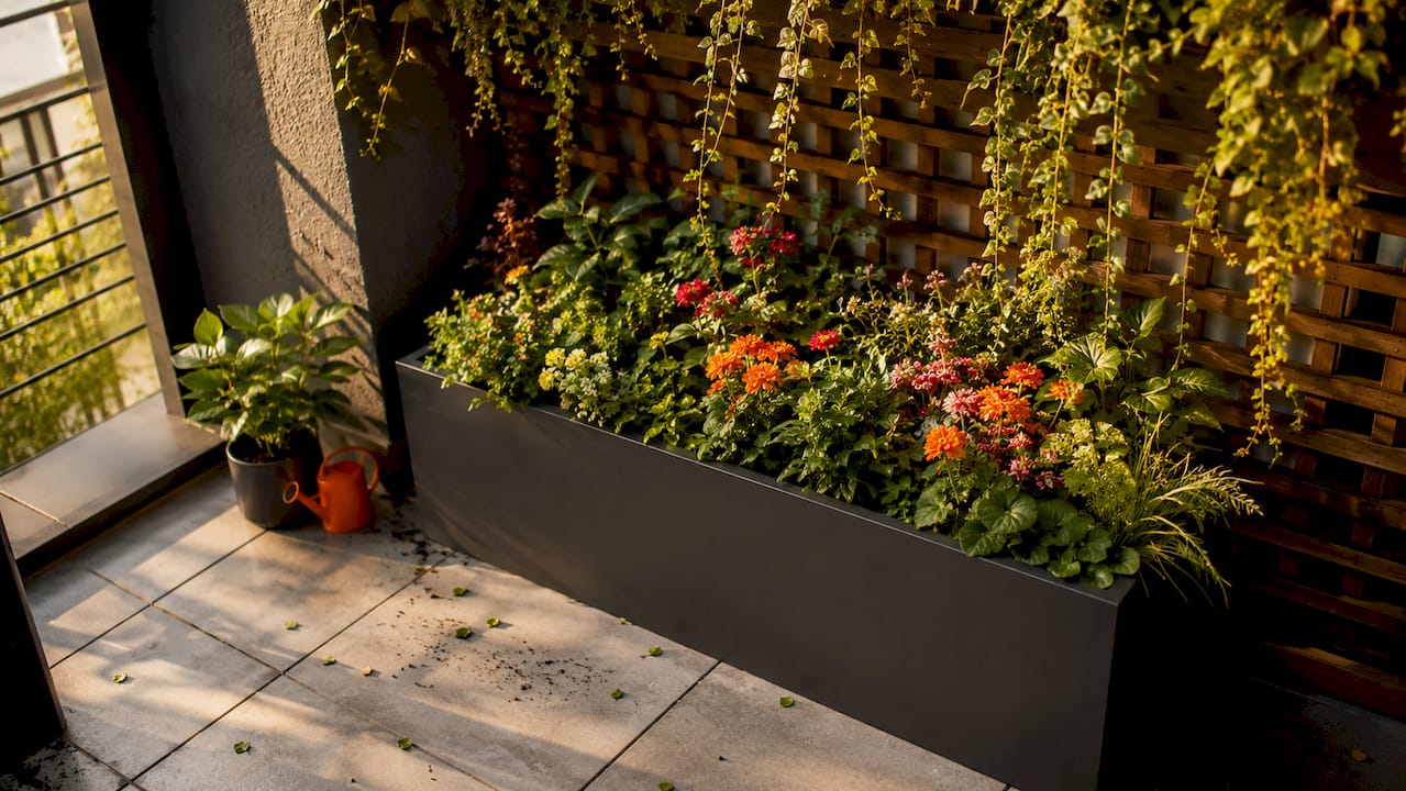 Ein stilvoller Pflanzkübel aus Metall, bepflanzt mit farbenfrohen Blumen, sorgt auf der Terrasse für einen modernen Akzent.