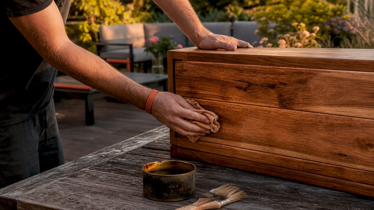 Mit Holzöl bleiben Gartenmöbel aus Holz lange schön – gönnen Sie ihnen regelmäßig eine pflegende Behandlung von Hand.