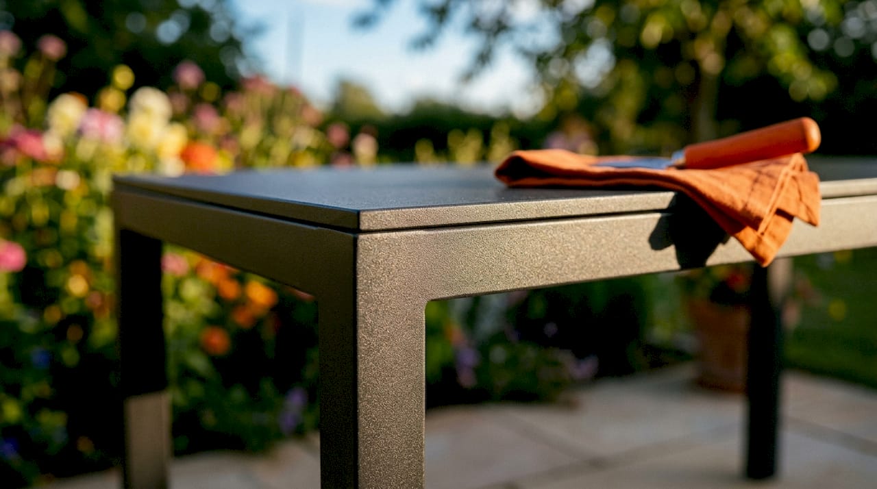 Detailansicht einer pulverbeschichteten Oberfläche von Gartenmöbeln