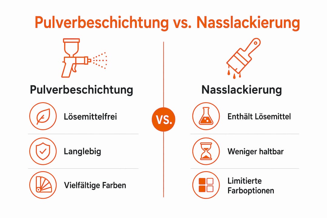 Grafische Gegenüberstellung: Pulverbeschichtung versus Nasslackierung – die wichtigsten Unterschiede auf einen Blick