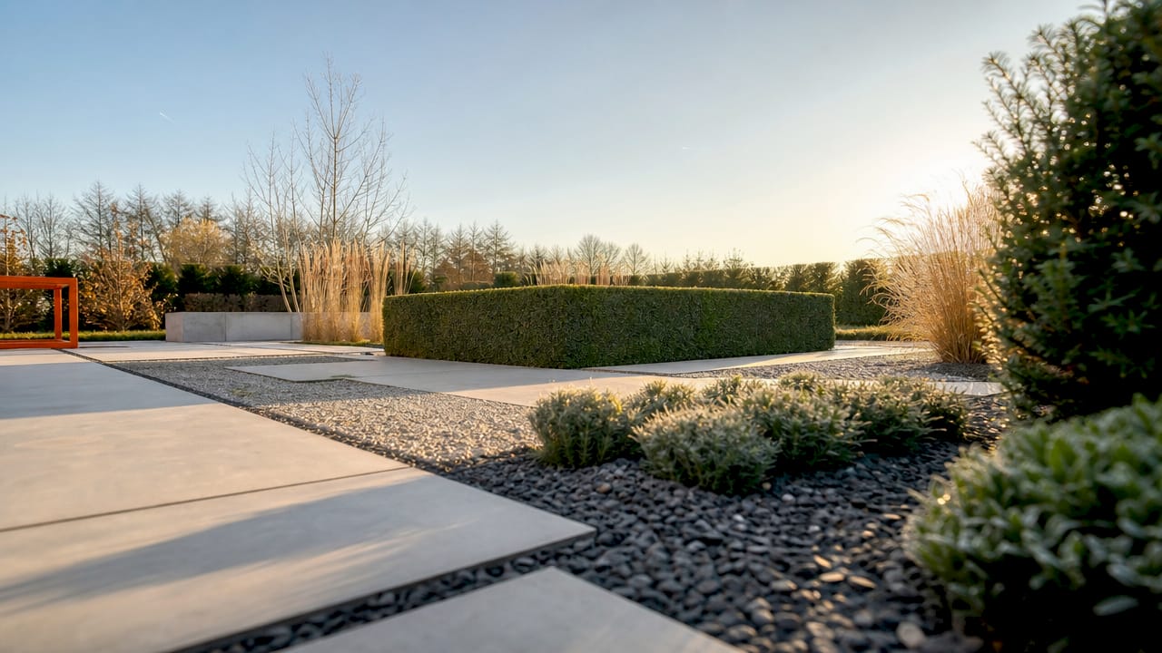 Ein Garten im minimalistischen Stil, geprägt von geradlinigen Strukturen und einer gezielten Auswahl an Pflanzen.