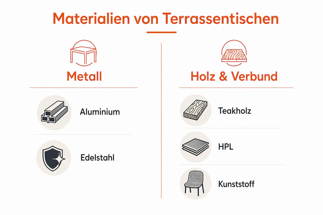 Übersichtliche Infografik: Die wichtigsten Unterschiede zwischen Metall- und Holz-Terrassentischen im direkten Vergleich.