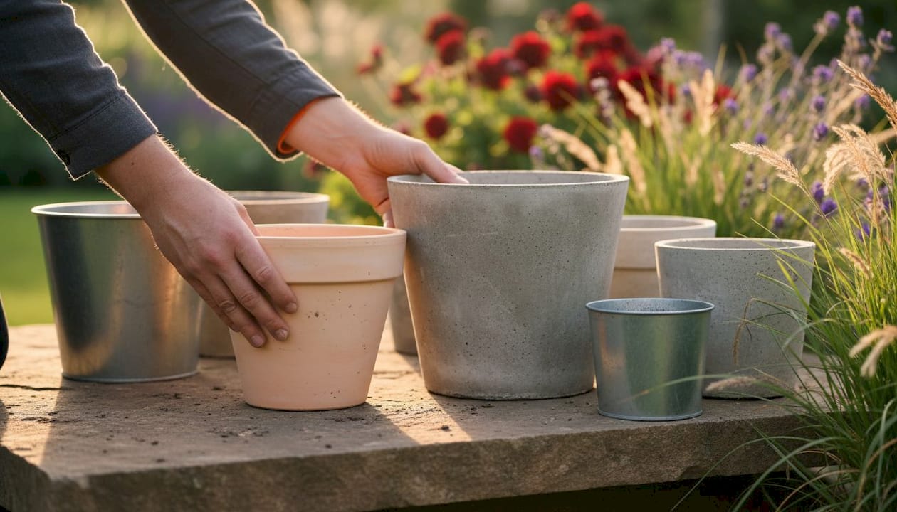 Verschiedene Pflanzgefäße aus unterschiedlichen Materialien werden in den Händen gehalten.