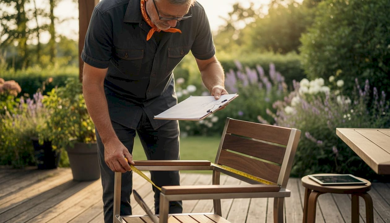Ein Mann testet exklusive Gartenmöbel direkt in seinem Garten und macht sich dabei ein Bild von deren Qualität.