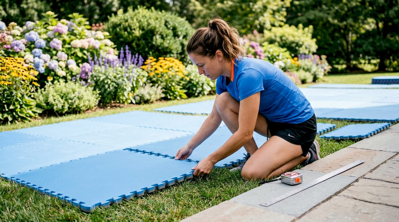 Eine Frau legt im Fitnessraum Puzzlematten aus und verbindet sie miteinander.
