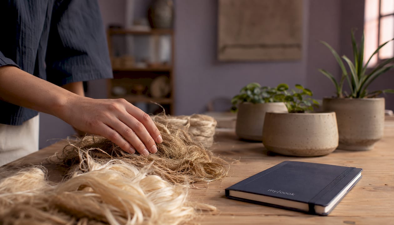 Mit der Hand über natürliche Fasern auf einem Holztisch streichen