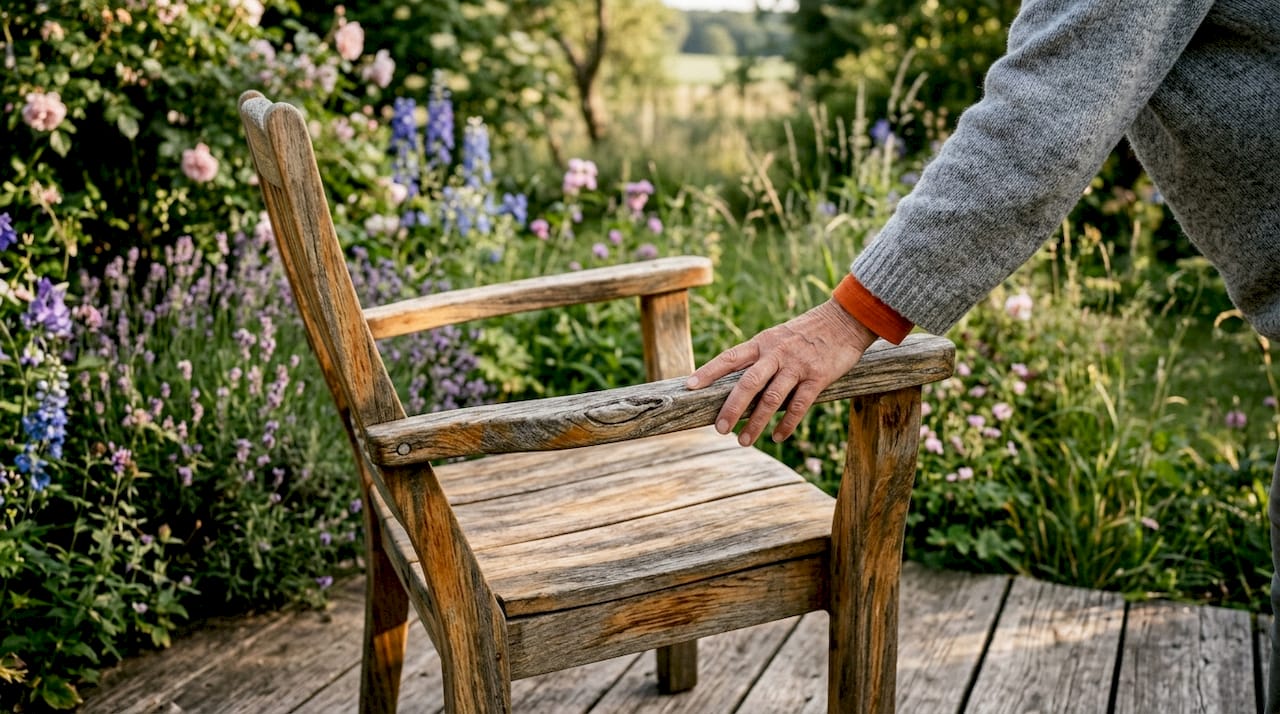 Detailansicht: Hände greifen nach einem Gartenstuhl aus Robinienholz