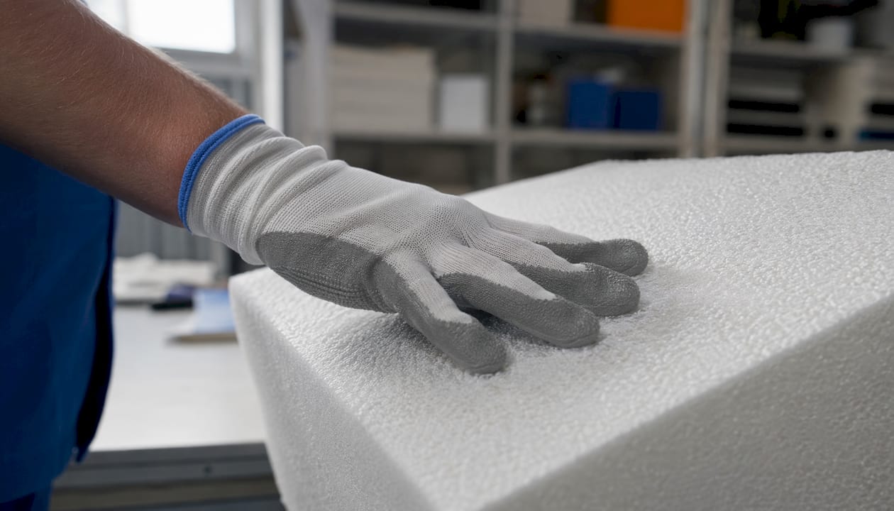 Detailaufnahme: Die poröse Struktur des EVA-Schaums im Fokus, eine Hand tastet darüber.