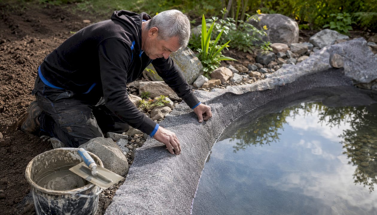 Ein Handwerker bringt eine Verbundmatte im Gartenteich an.