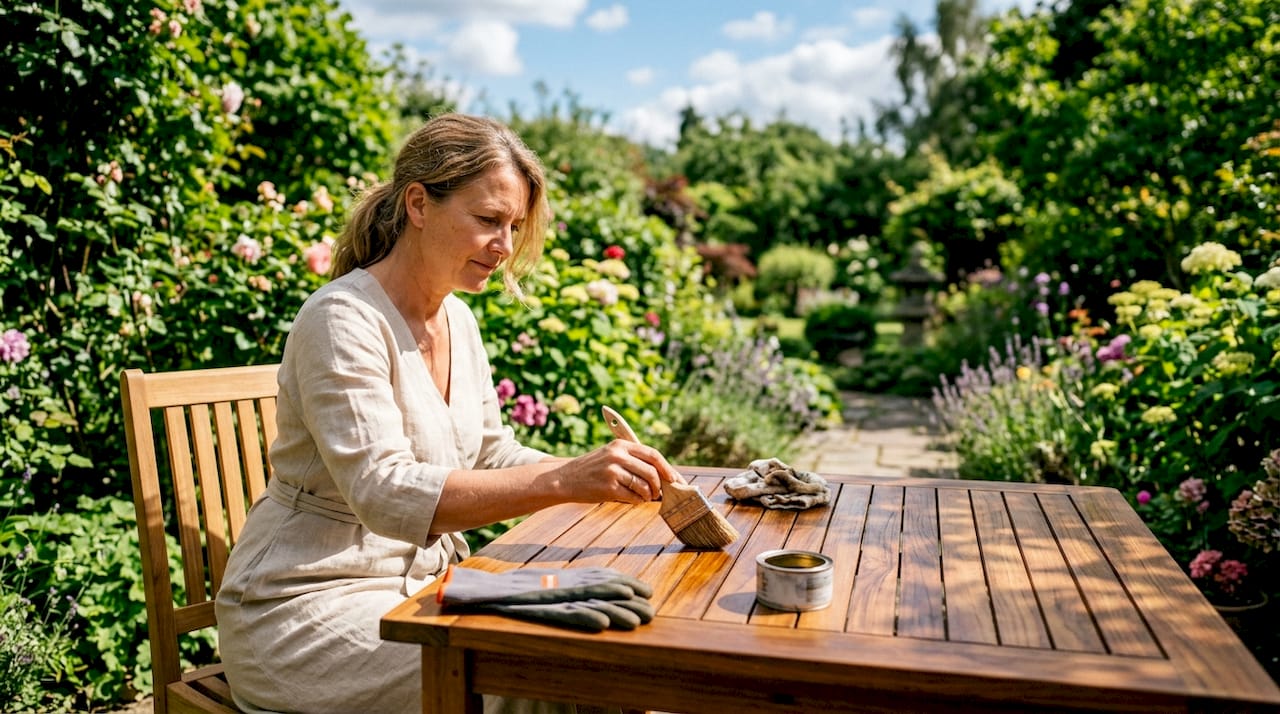 Im Garten pflegt eine Frau ihren Teakholztisch und trägt sorgfältig Öl auf, damit das Holz wieder in neuem Glanz erstrahlt.