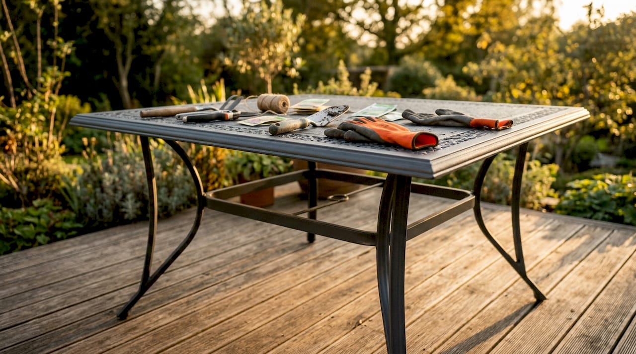 Aluminium-Gartentisch im Detail: Nahaufnahme der Verarbeitung und Materialien