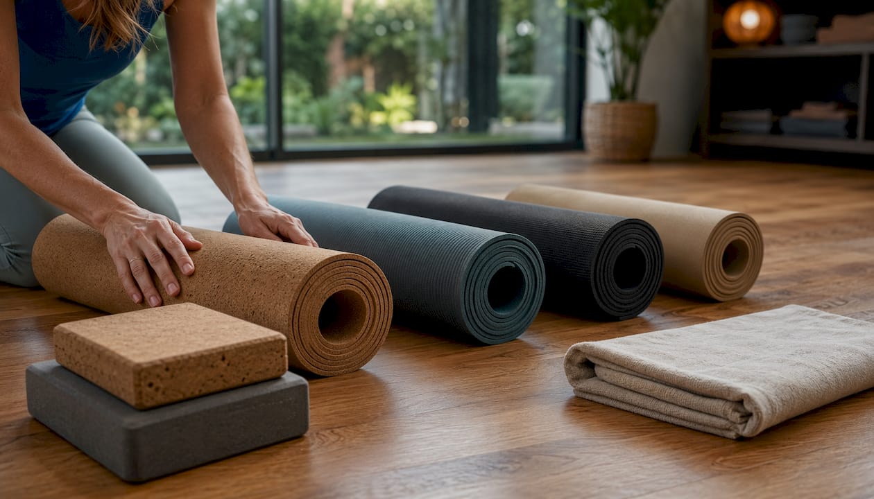 Detailaufnahme verschiedener Yogamatten-Materialien im Studio