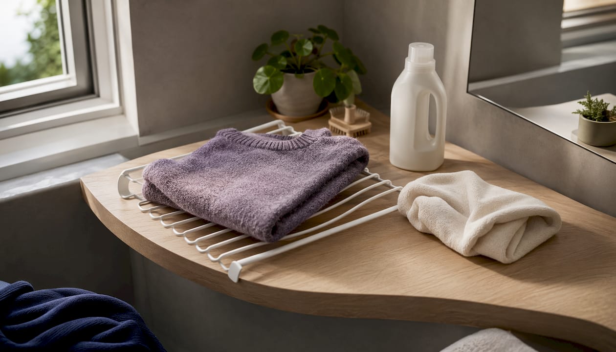 Pflegeprodukte und Wollpullover am besten liegend auf einem Wäscheständer trocknen.