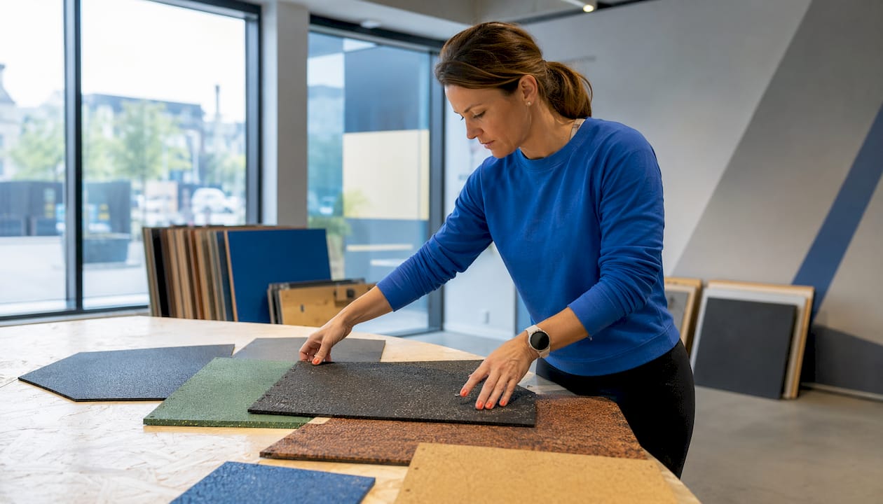 Im Showroom werden verschiedene Sportbodenbeläge von Hand auf ihre Qualität und Beschaffenheit getestet.