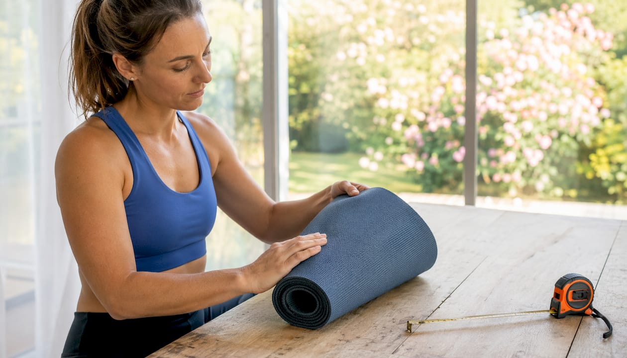 Mit den Händen wird überprüft, ob die Yogamatte auf den Fliesen nicht verrutscht.