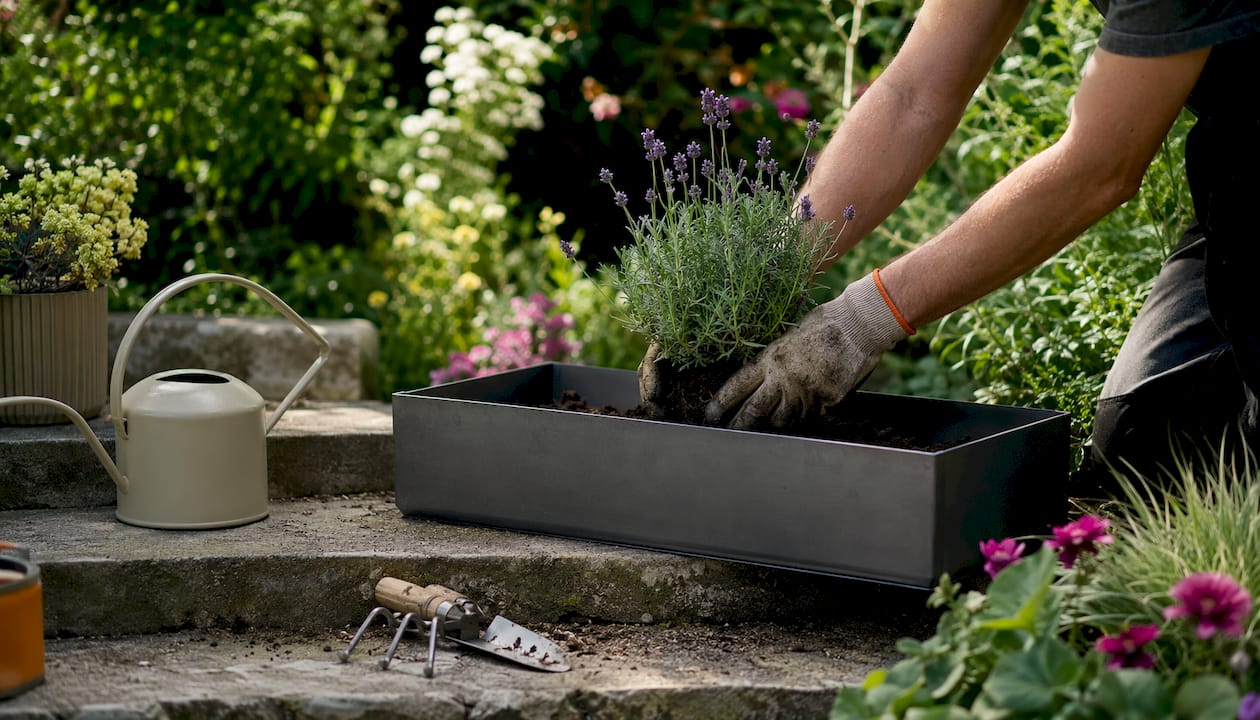 Mit geschickten Händen wird Lavendel in einen Blumenkasten eingepflanzt.