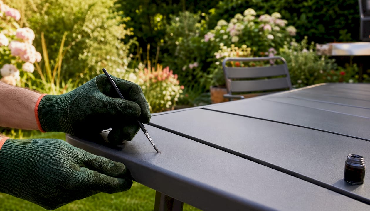 Mit den Händen wird frischer Lack auf die Gartenmöbel aufgetragen.