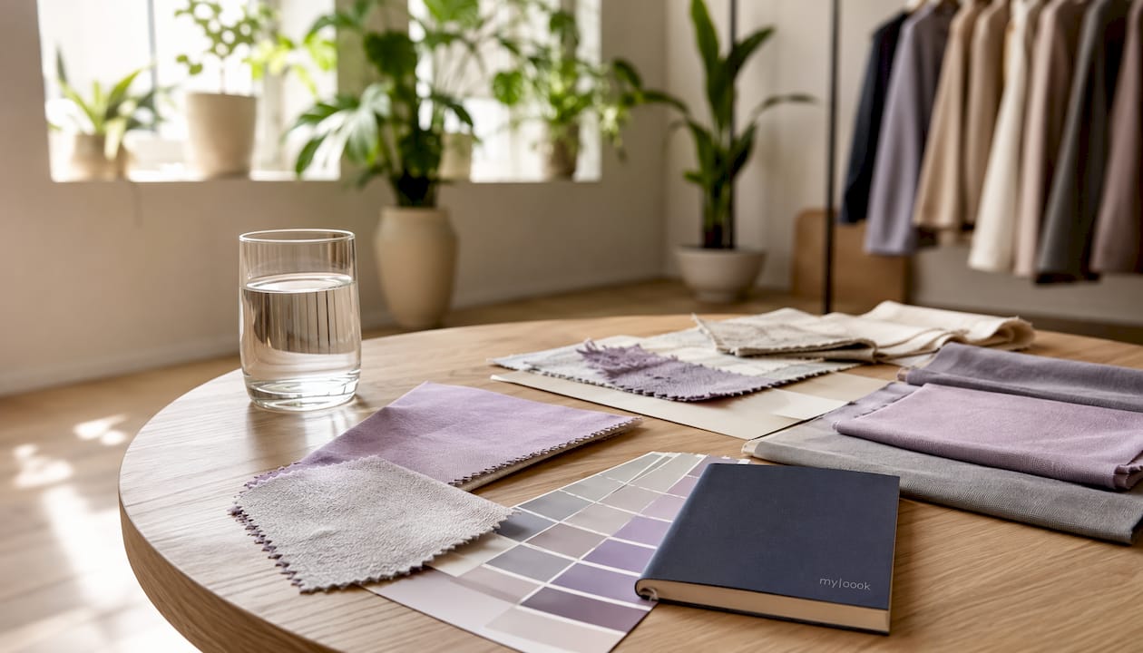 Auf dem Couchtisch liegen verschiedene Stoffproben und Farbkarten in warmen Erdtönen – perfekt, um Inspiration für eine gemütliche Wohnraumgestaltung zu sammeln.