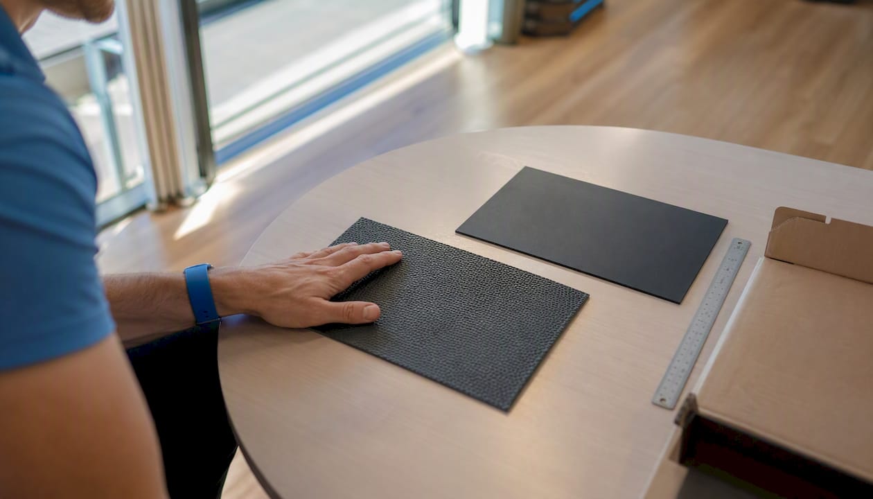 Mit der Hand wird die Oberfläche einer Sportmatte auf ihre Beschaffenheit geprüft.