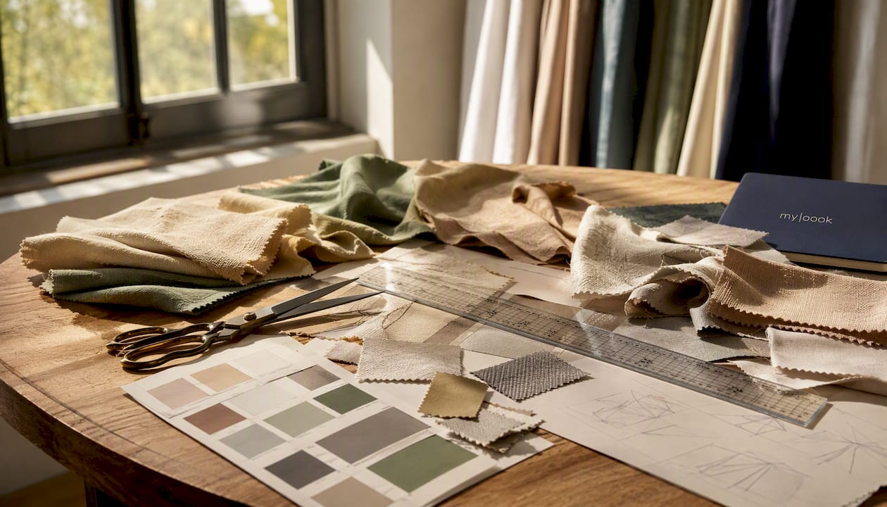 Arbeitstisch mit verschiedenen Stoffmustern und Schneideutensilien für die Modedesign-Arbeit