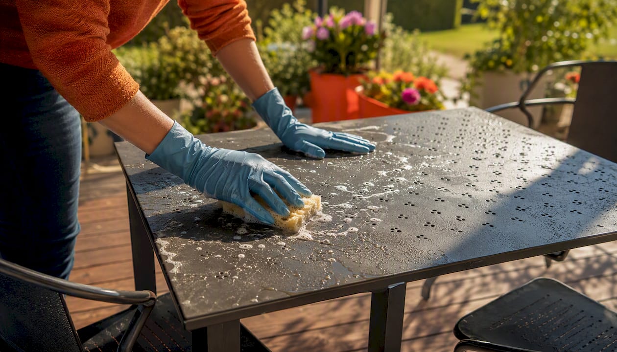 Mit einem Schwamm werden die Metall-Gartenmöbel gründlich gereinigt.