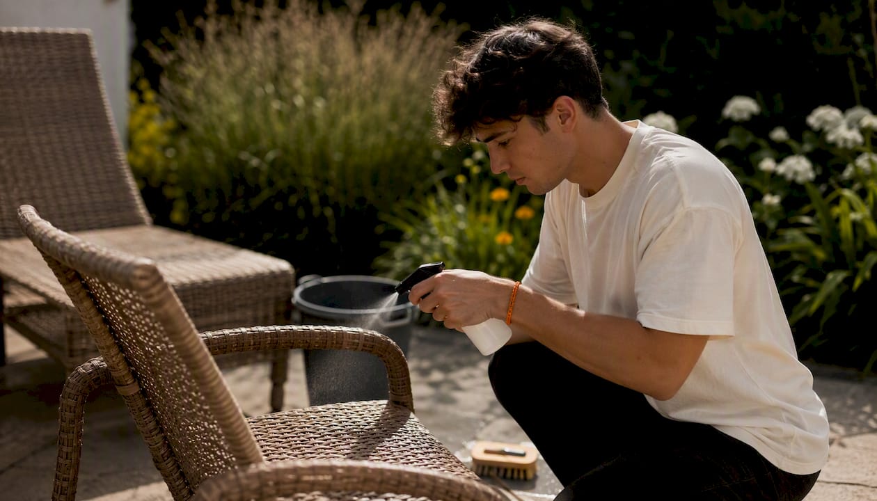 Ein Mann reinigt einen Gartenstuhl aus Polyrattan.