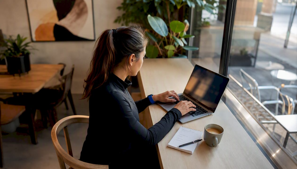 Eine junge Frau stöbert im Büro auf einer Website nach passenden Autoersatzteilen.