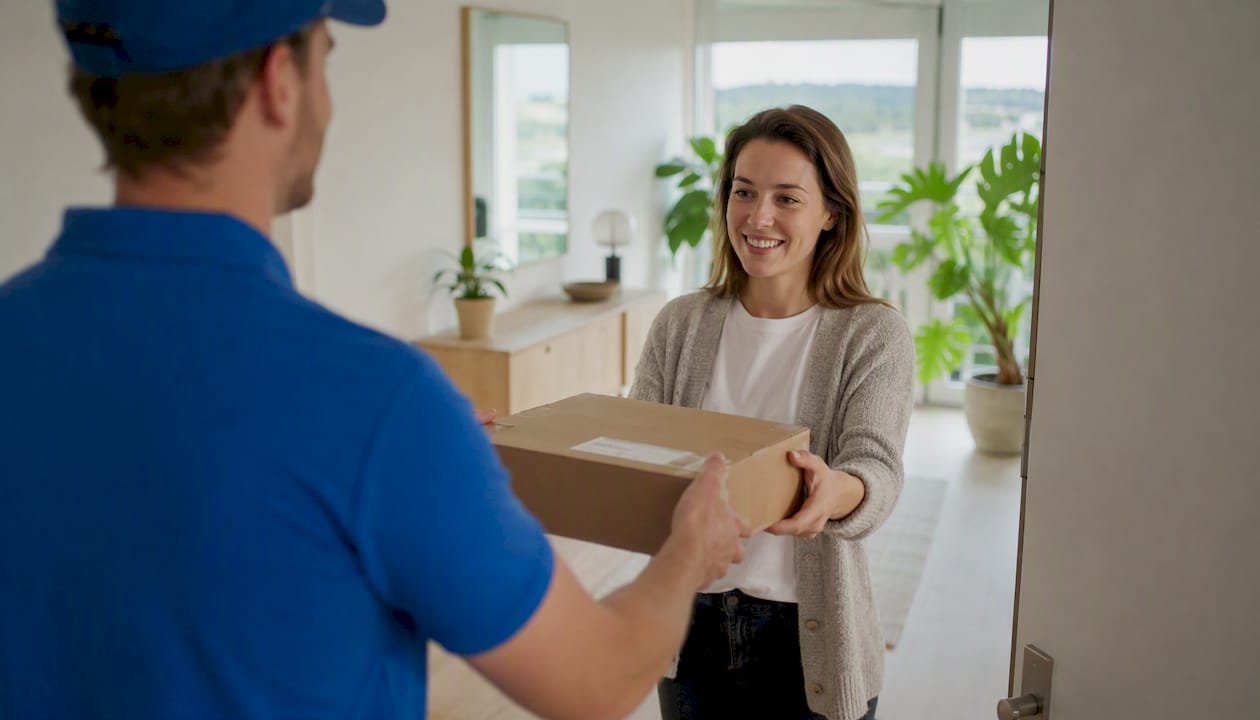 Ein Paketzusteller scannt im Freien ein Paket aus nächster Nähe.
