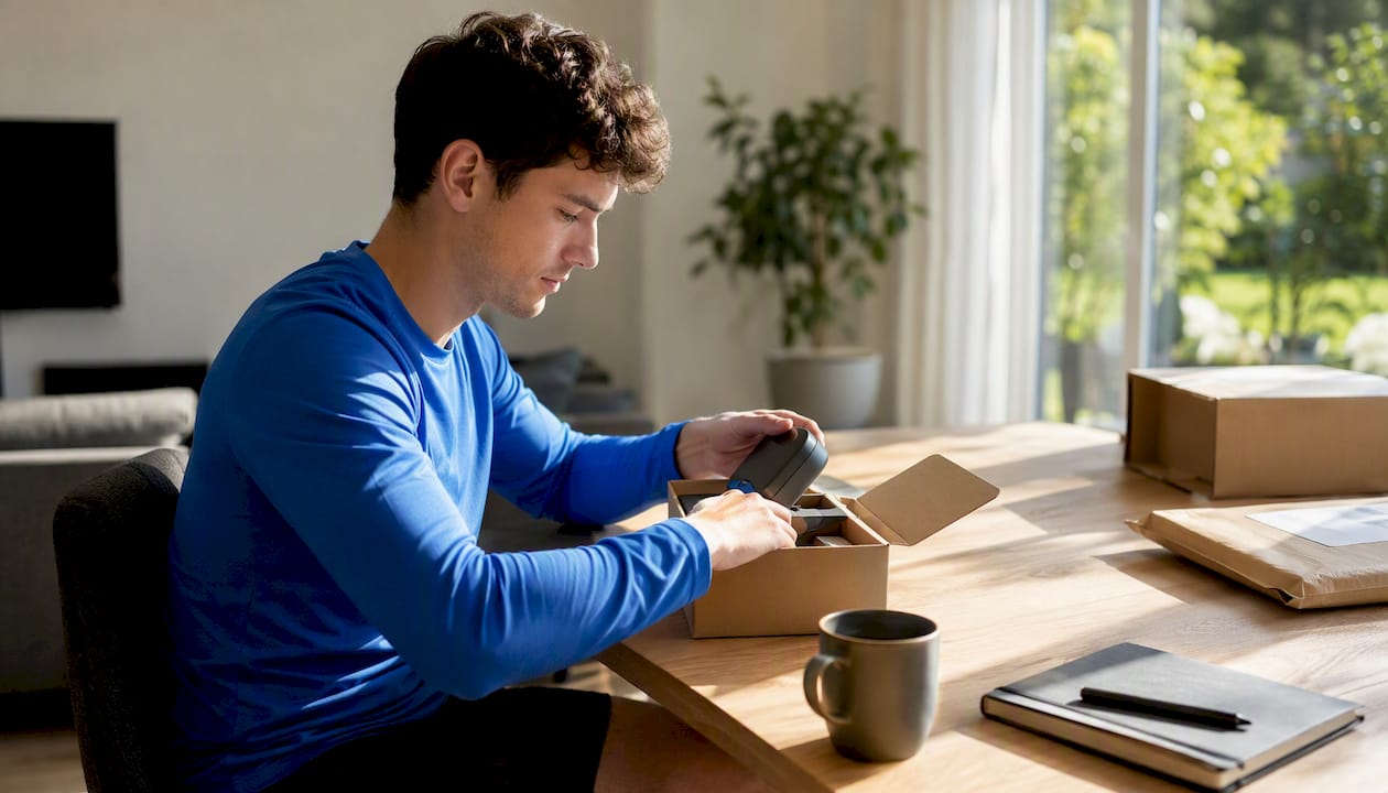 Ein Mann packt eine frisch gelieferte Online-Bestellung auf seiner Küchenarbeitsplatte aus.