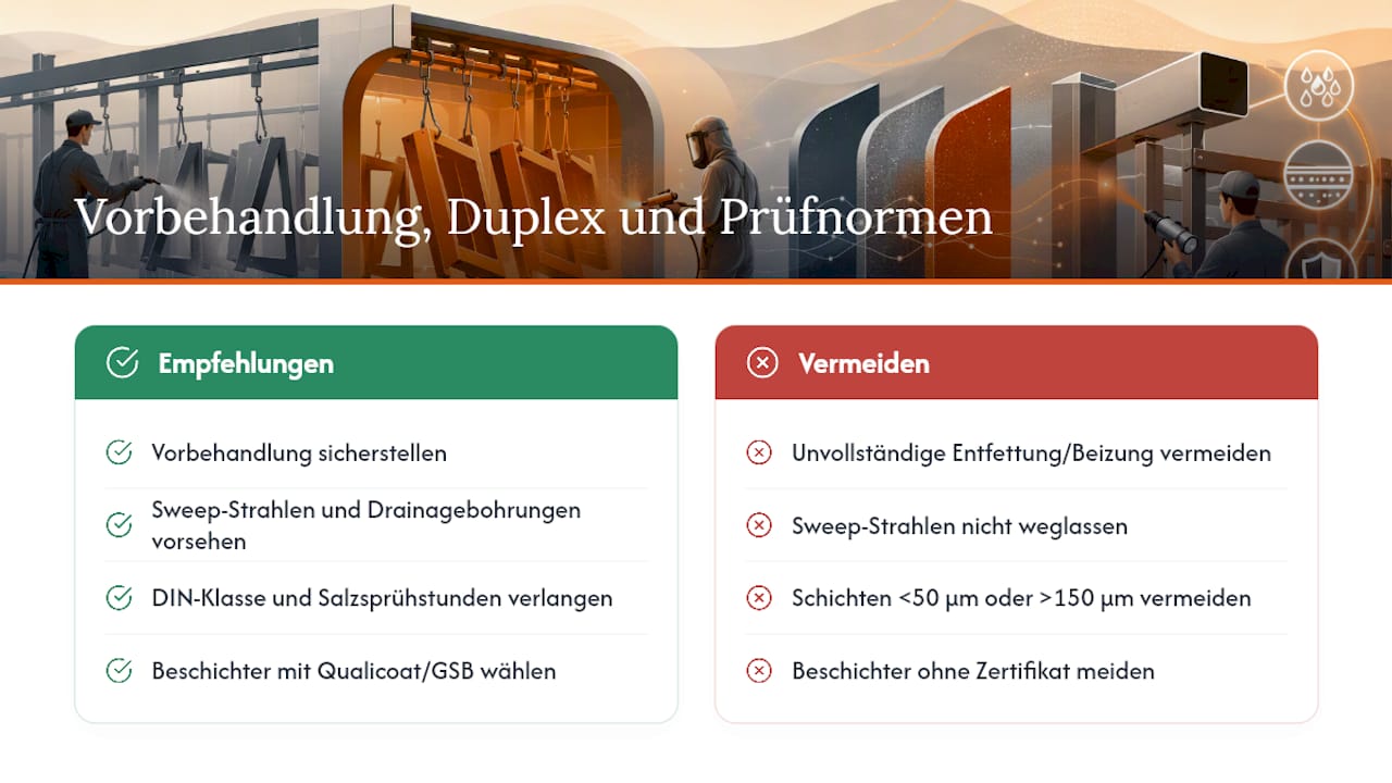 Vorbehandlung, Duplex-System und Prüfnormen — overview diagram