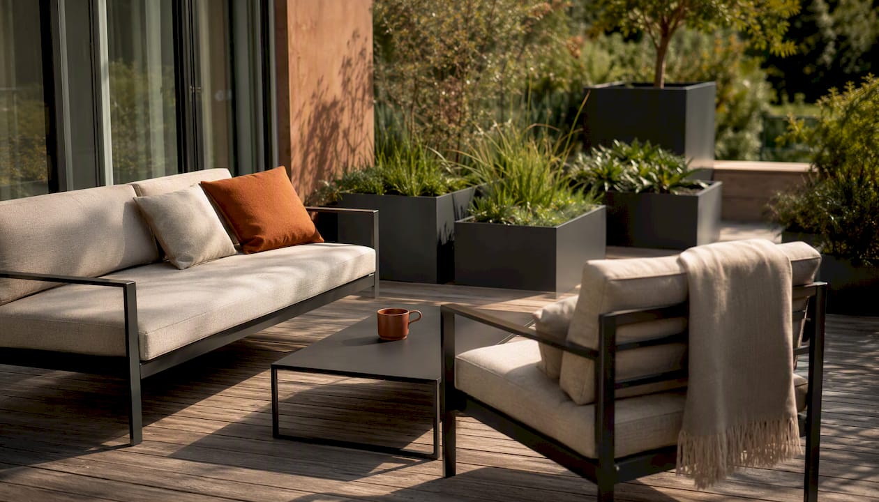 Die Terrasse ist in gemütliche Sitz- und Essbereiche sowie in bepflanzte Zonen unterteilt.