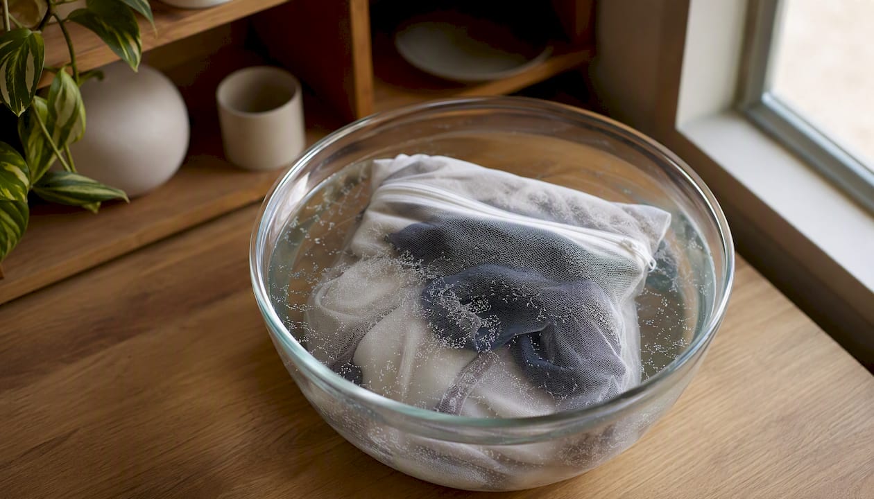 Kunstfaserkleidung beim Waschen im Waschbeutel – so gelangt weniger Mikroplastik ins Abwasser.